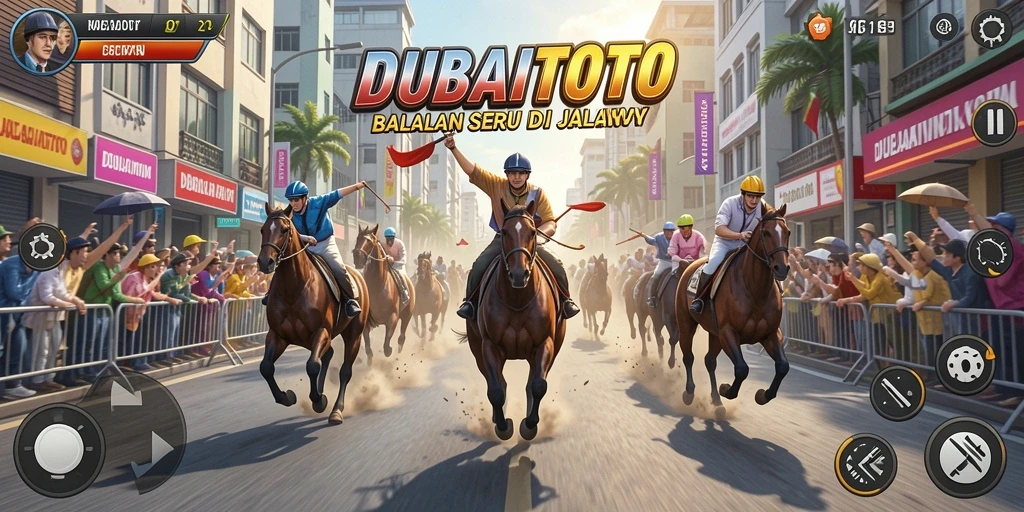 Gameplay DUBAITOTO menampilkan mobil balap yang melaju kencang di trek kota.