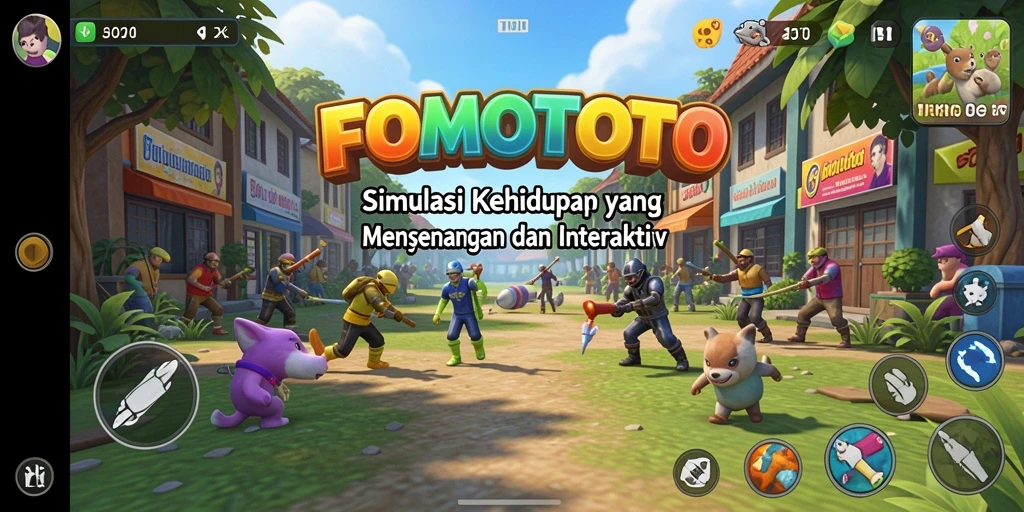 Screenshot gameplay FOMOTOTO dengan karakter yang berinteraksi.